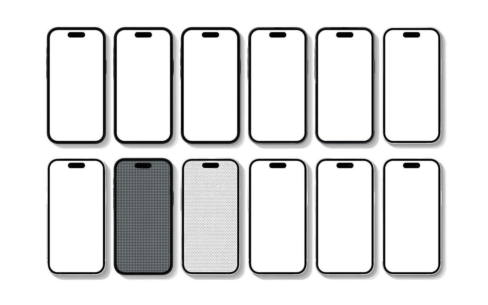 Smartphone Mockups Collection of Twelve Black Framed Phones with Blank Screens for UI UX Designs and App Presentations on a White Background vector