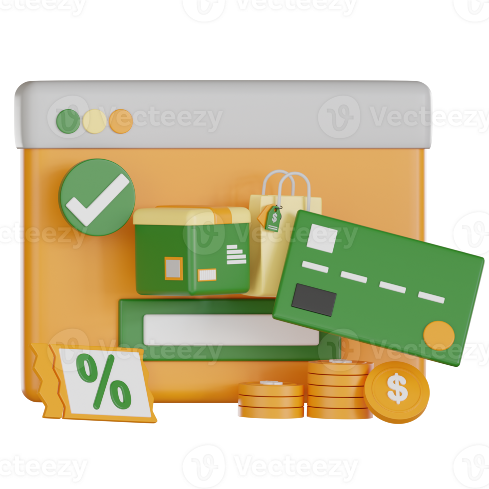Online shopping and retail concept with 3d icon style showing credit card, package, shopping bag, discount ticket, and coins for digital payment and e commerce success png