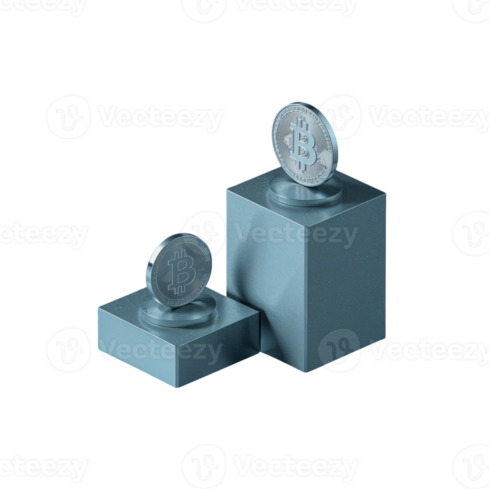 Silver cryptocurrency tokens on muted blue geometric platforms isolated transparent backdrop png