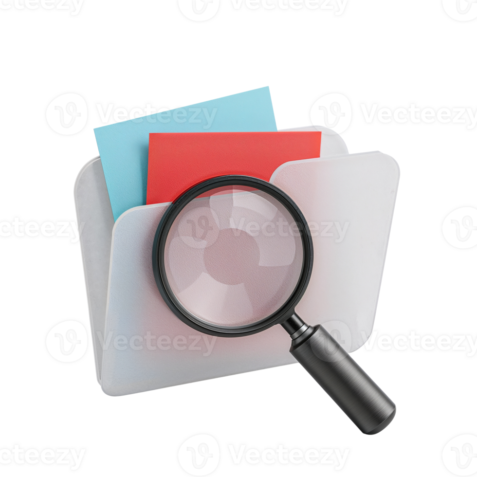 Conceptual image of a magnifying glass over a digital file folder on a transparent setting for png