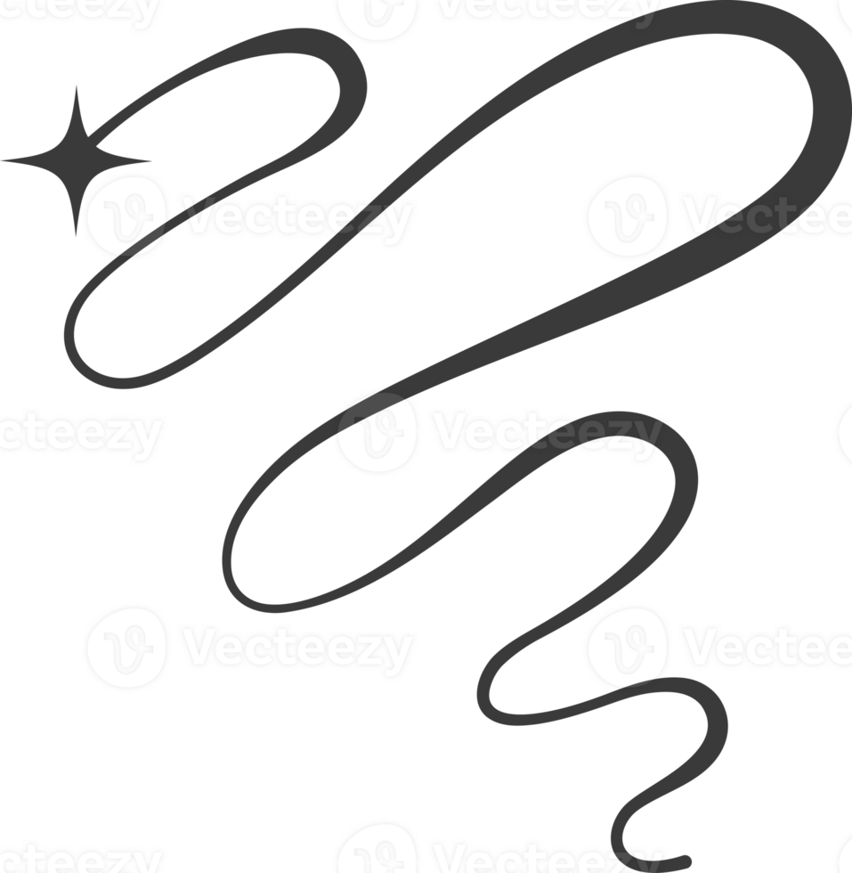 redemoinho linha com estrelas. curvado elegante florescer rabo do cometa. decorativo ano 2000 rolagem e AVC. ondulado simples swish com queda e vôo brilhar. png