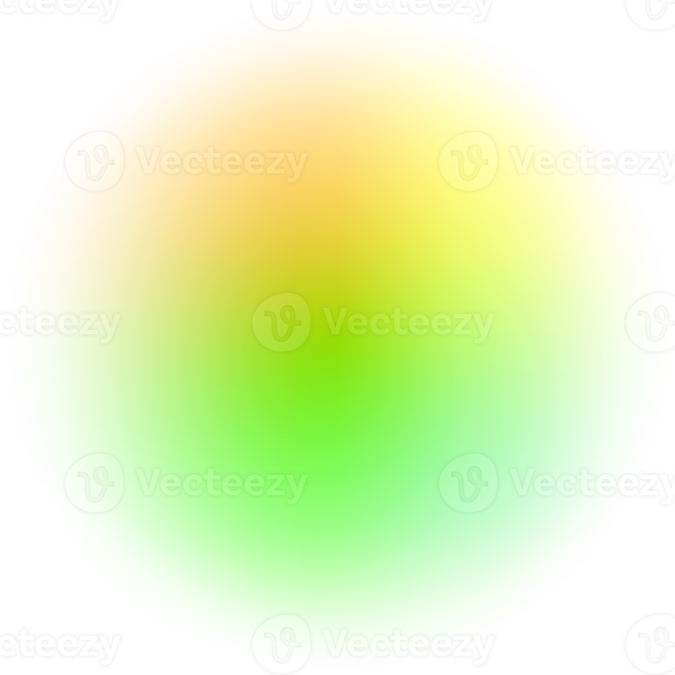 Gradient blurred circle shape. Green and yellow colored fluid liquid element. Soft light holographic element. Round blob with neon aura for design. Blended iridescent organic bubble. png