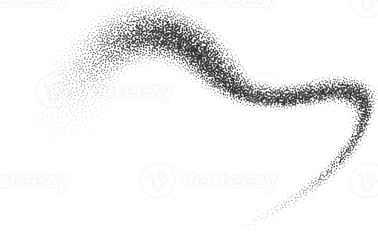 Dotted gradient shape. Abstract stipple element of paint brushstroke. Dusty charcoal shadow and fluid splash with pattern of grain noise png