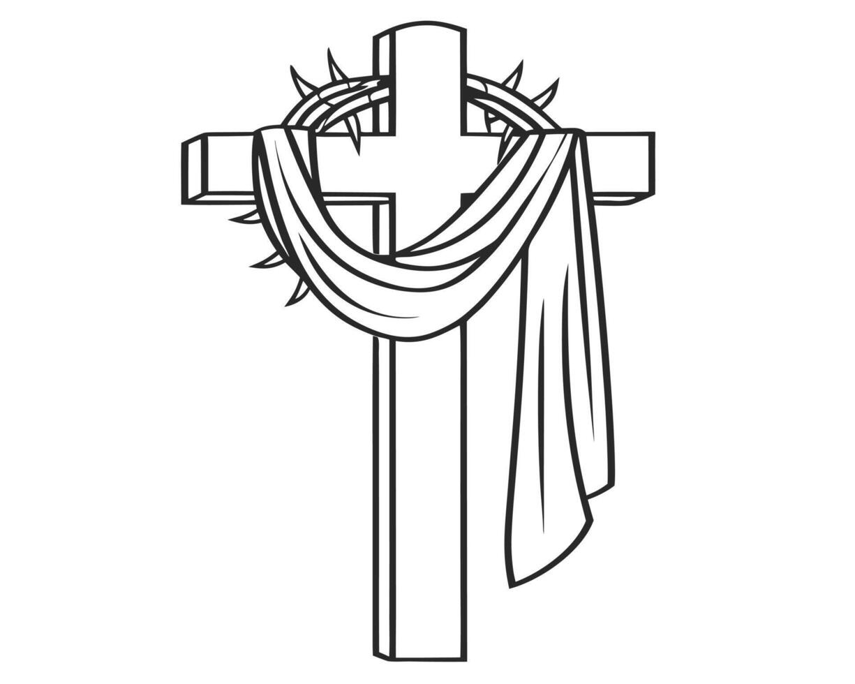 Symbolic depiction of the christian cross with crown of thorns and flowing fabric in art style vector