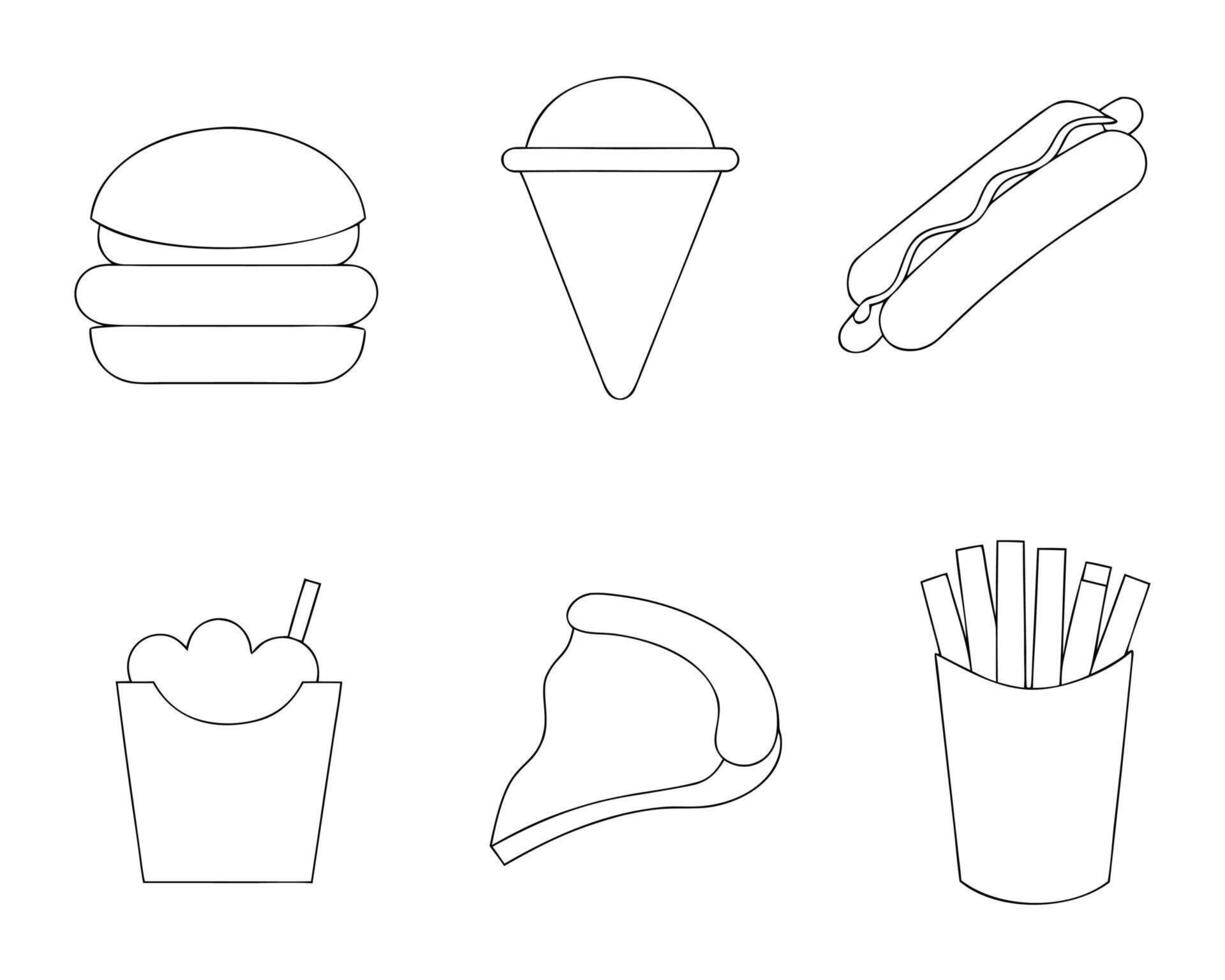 Outlined illustrations of various common fast food items perfect for design projects and menus. vector