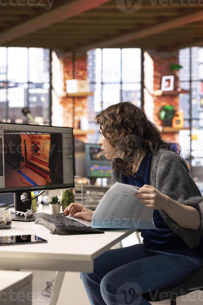 Female developer interacts with virtual AI assistant on PC to design a game hub, using automation and machine learning to generate futuristic space station designs for a sci fi game. photo