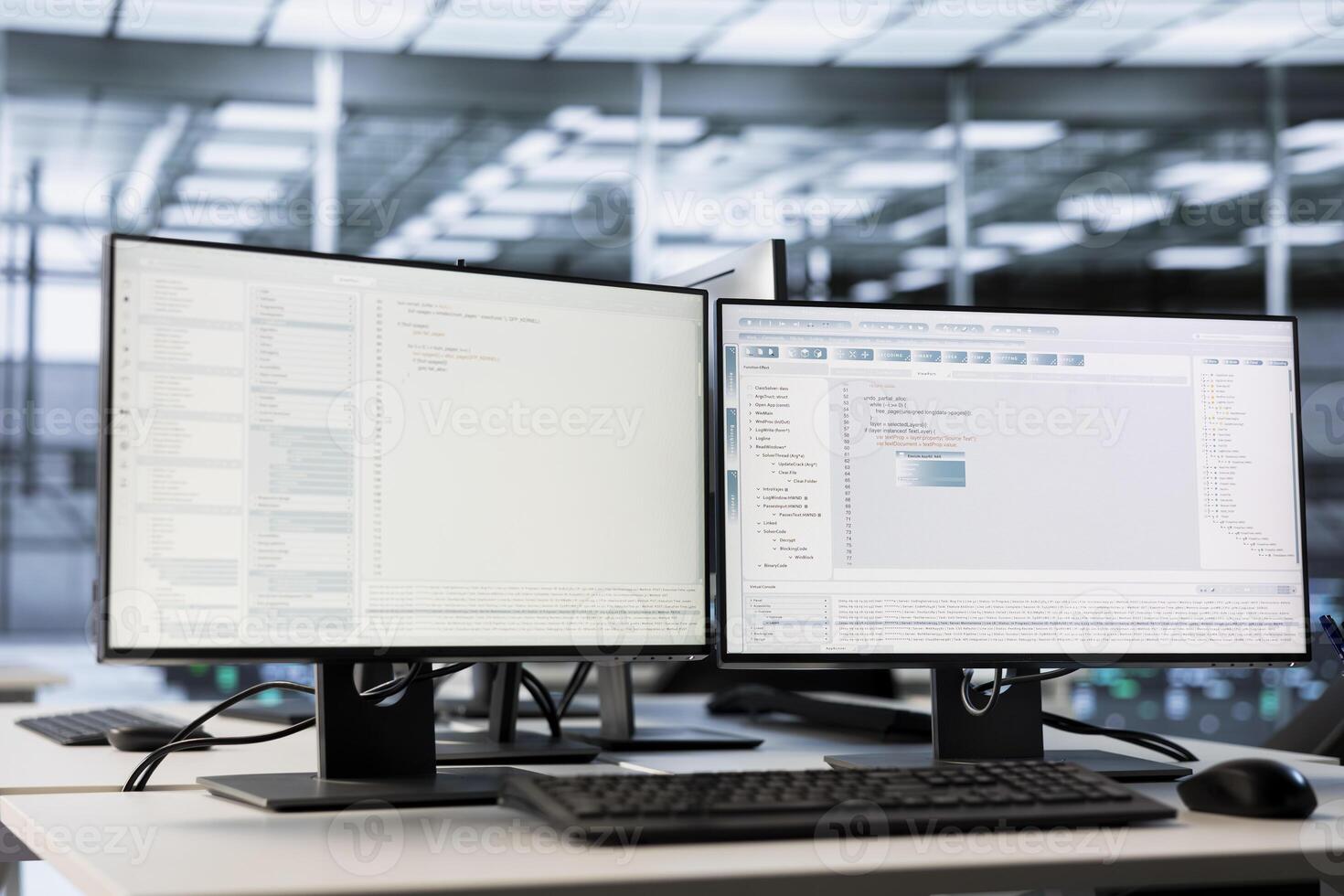 Close up of computer displays in empty high tech data center monitoring hardware energy consumption. PC monitors on desk used for checking potential system failures in server room photo