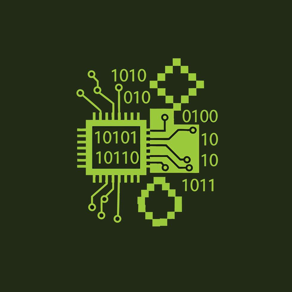 Green Circuit Board with Binary Code Illustration on Dark Background. vector