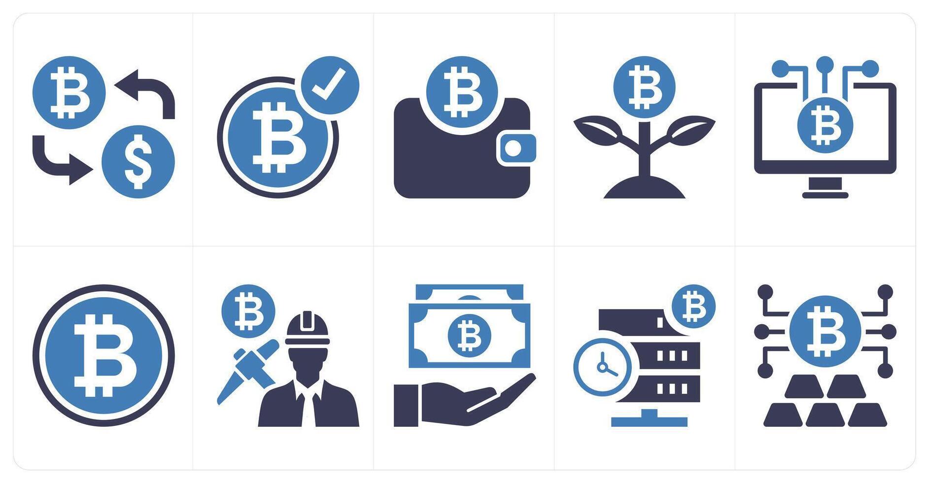 A set of 10 mix icons as bitcoin exchange, bitcoin accepted, bitcoin wallet in blue color vector