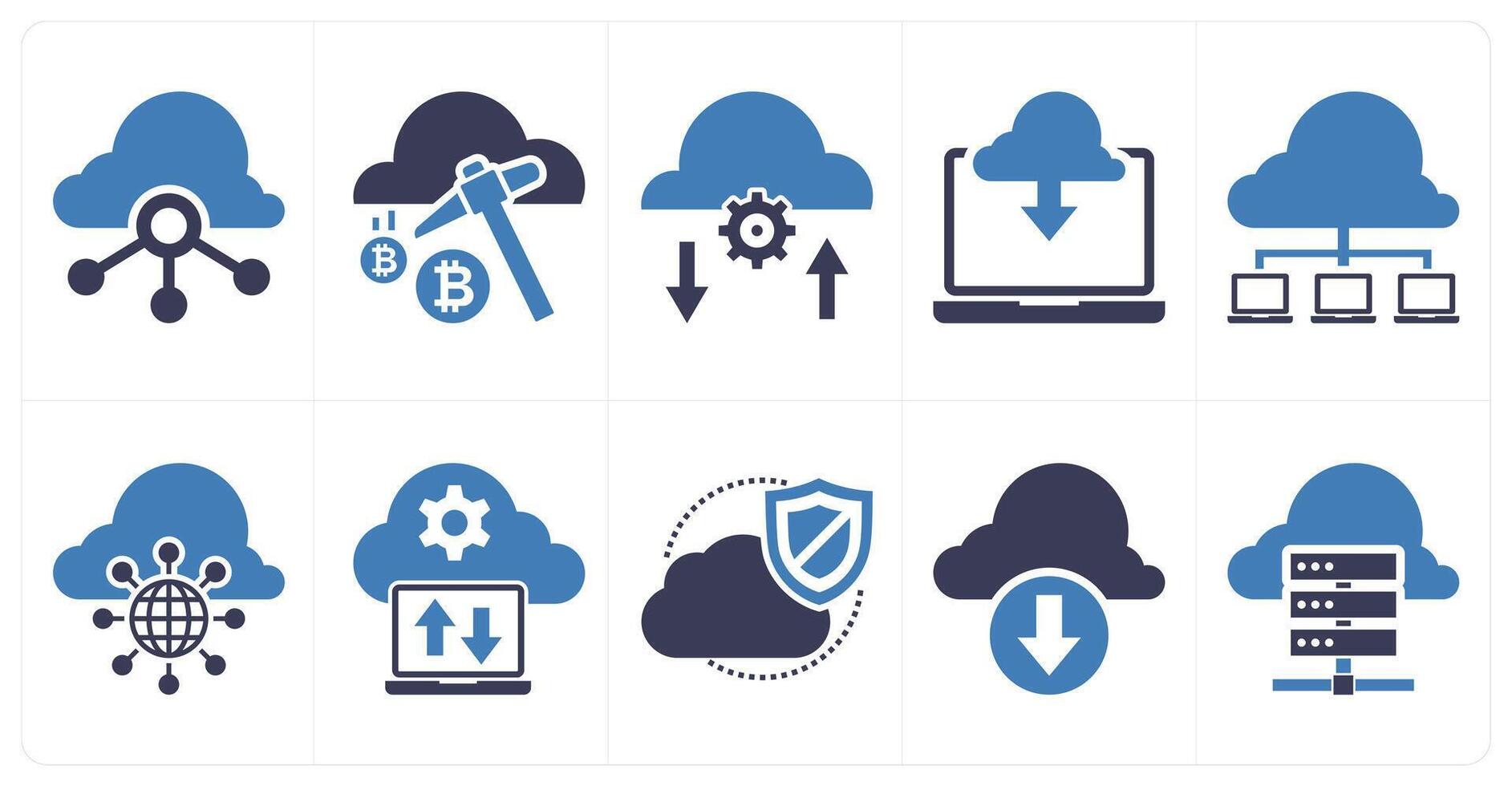 A set of 10 mix icons as cloud network connectivity, cloud mining, cloud settings in blue color vector
