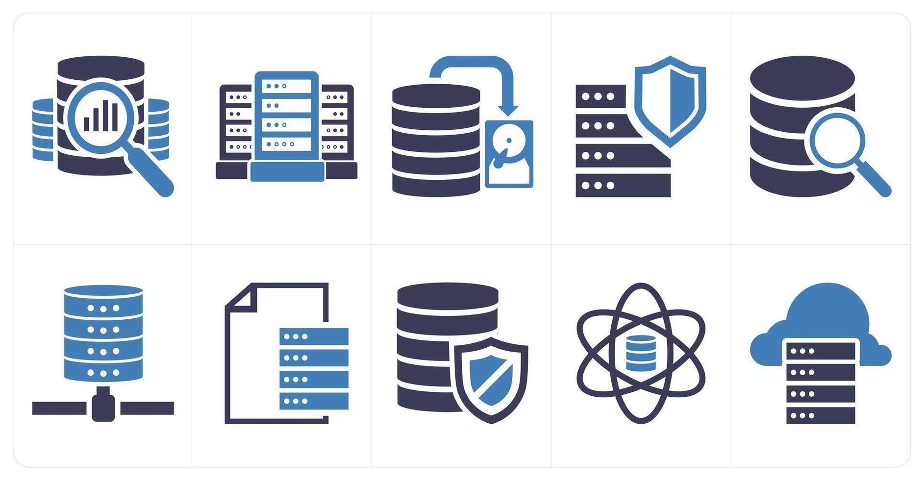 un conjunto de 10 mezcla íconos como base de datos evaluación, base de datos servidor, base de datos en azul color vector