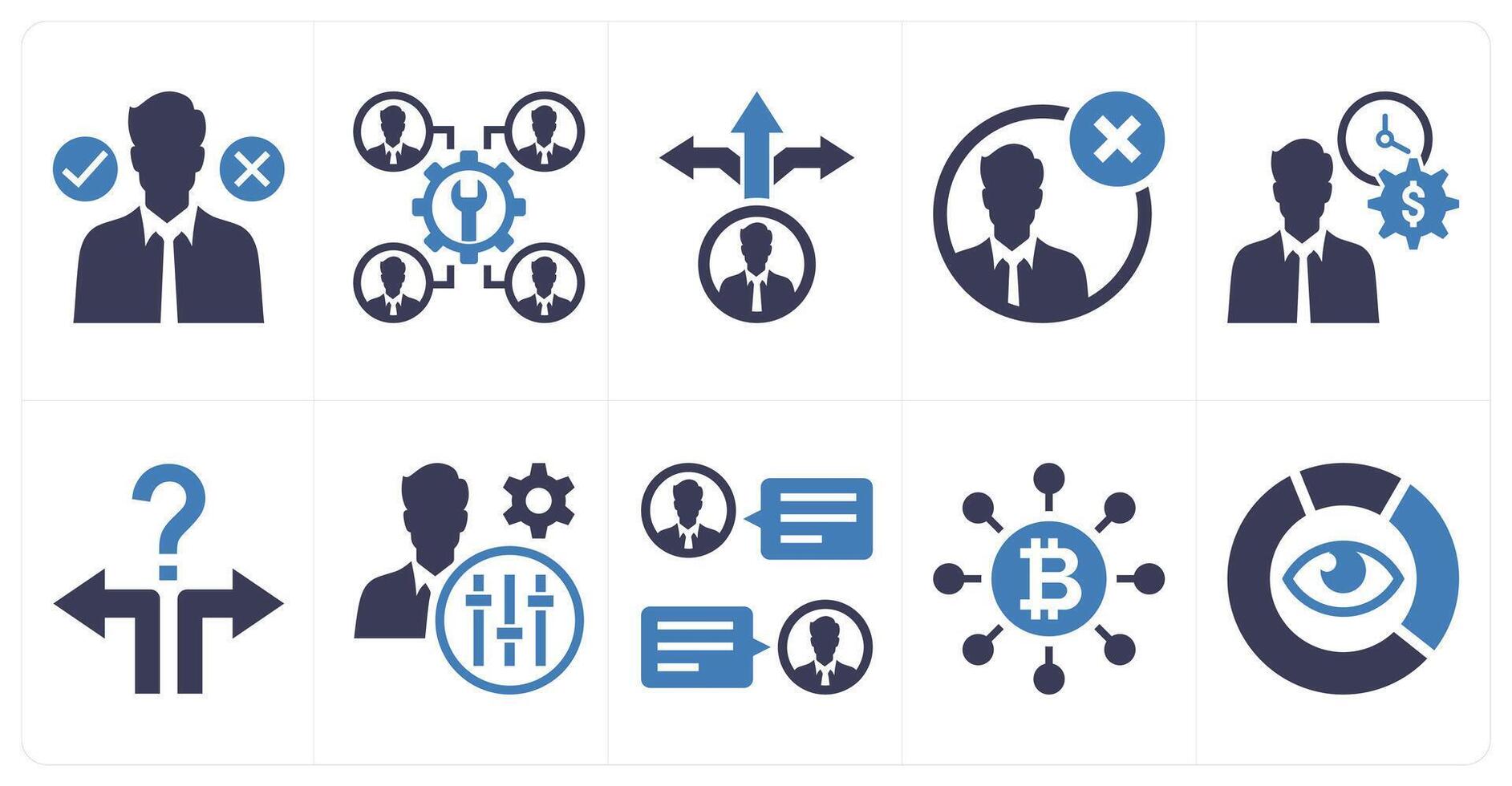 A set of 10 mix icons as decision making, development of staff, decision making in blue color vector