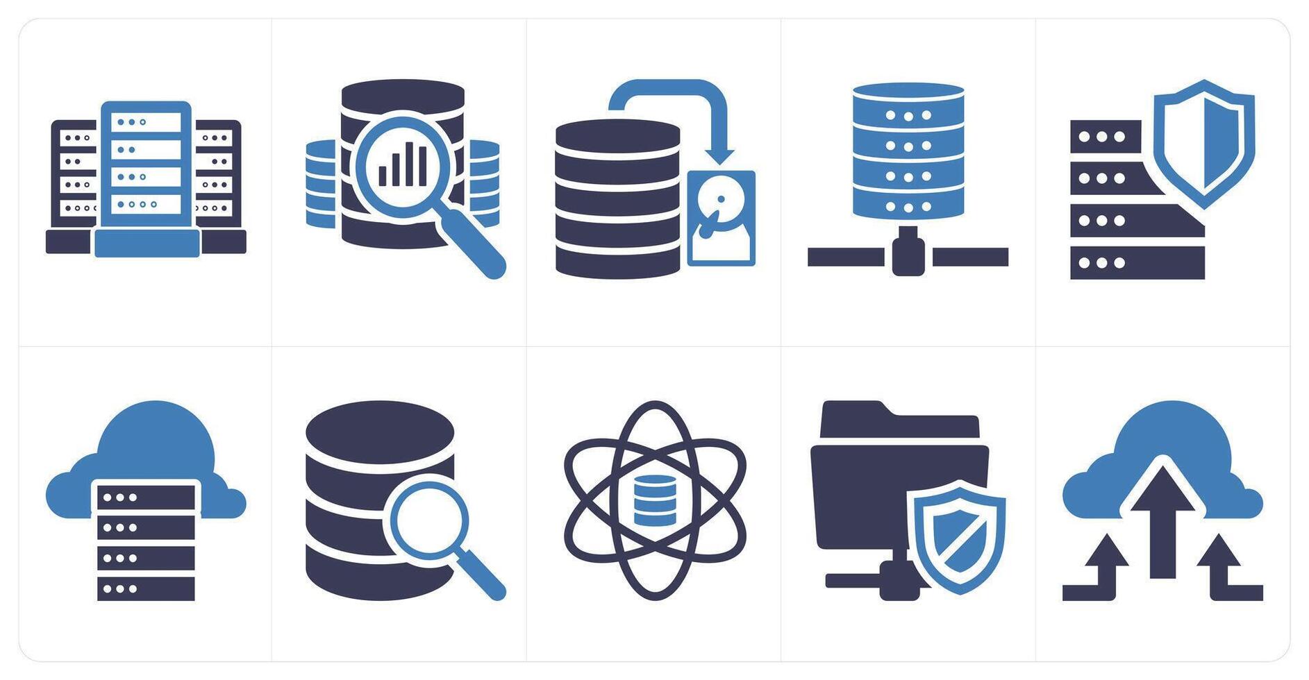 un conjunto de 10 mezcla íconos como base de datos servidor, base de datos evaluación, base de datos en azul color vector