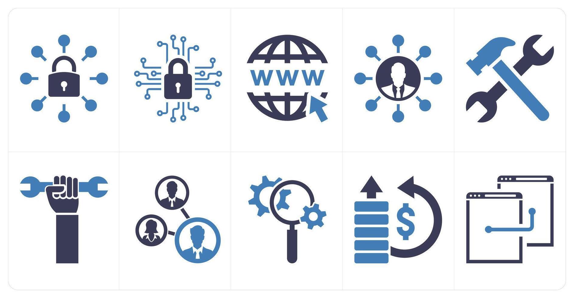 A set of 10 mix icons as secured network, search domain, resource allocation in blue color vector