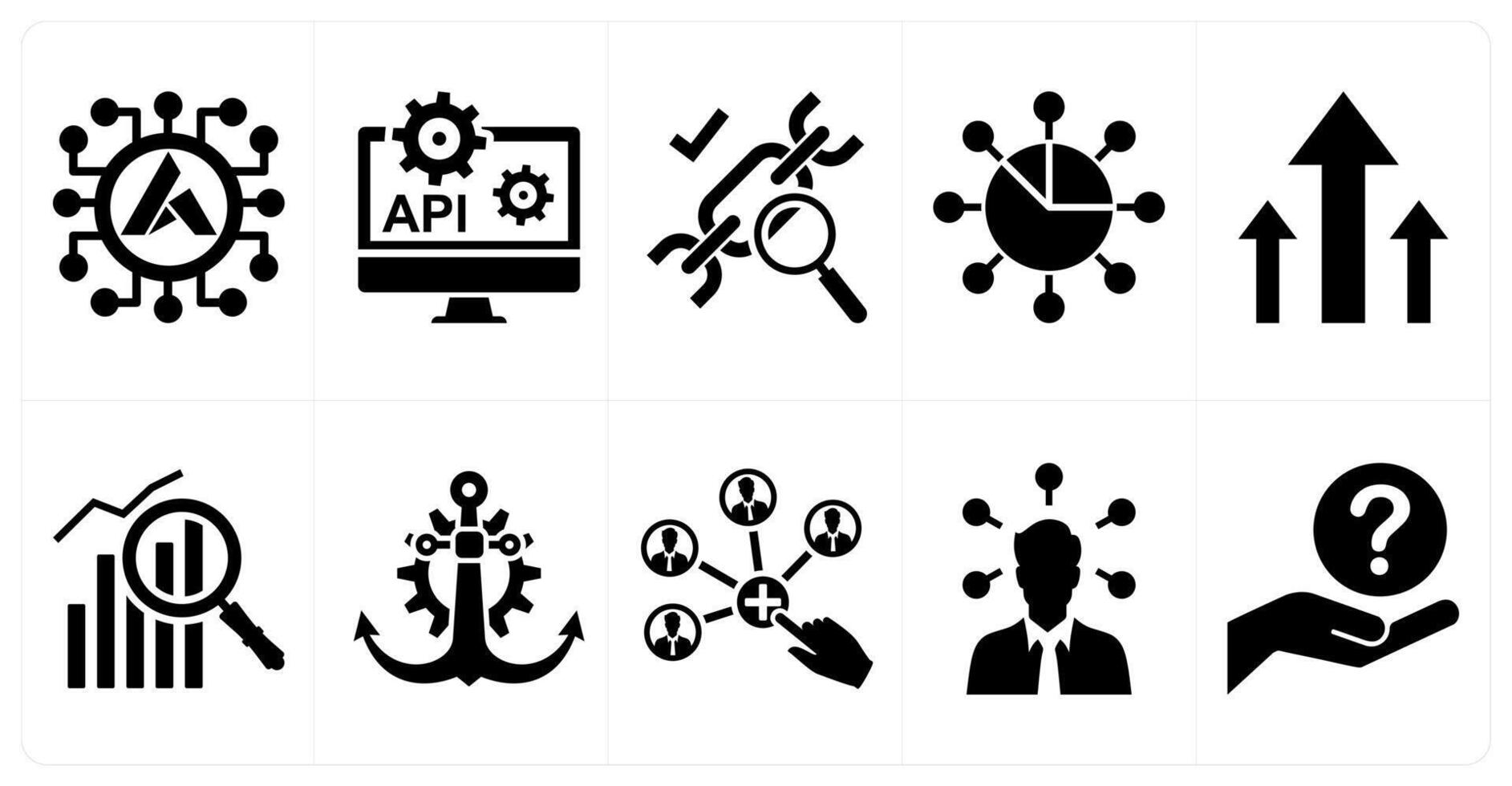 A set of 10 mix icons as ardor, api configuration, backlink checker in black color vector