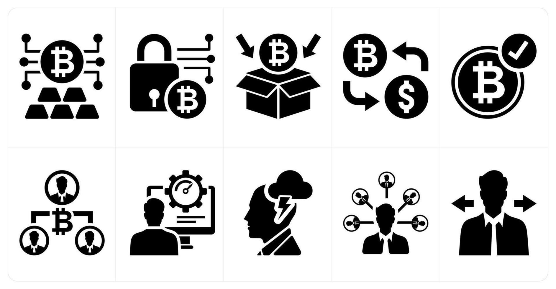 A set of 10 mix icons as bitcoin vs gold, bitcoin encyption, bitcoin package in black color vector