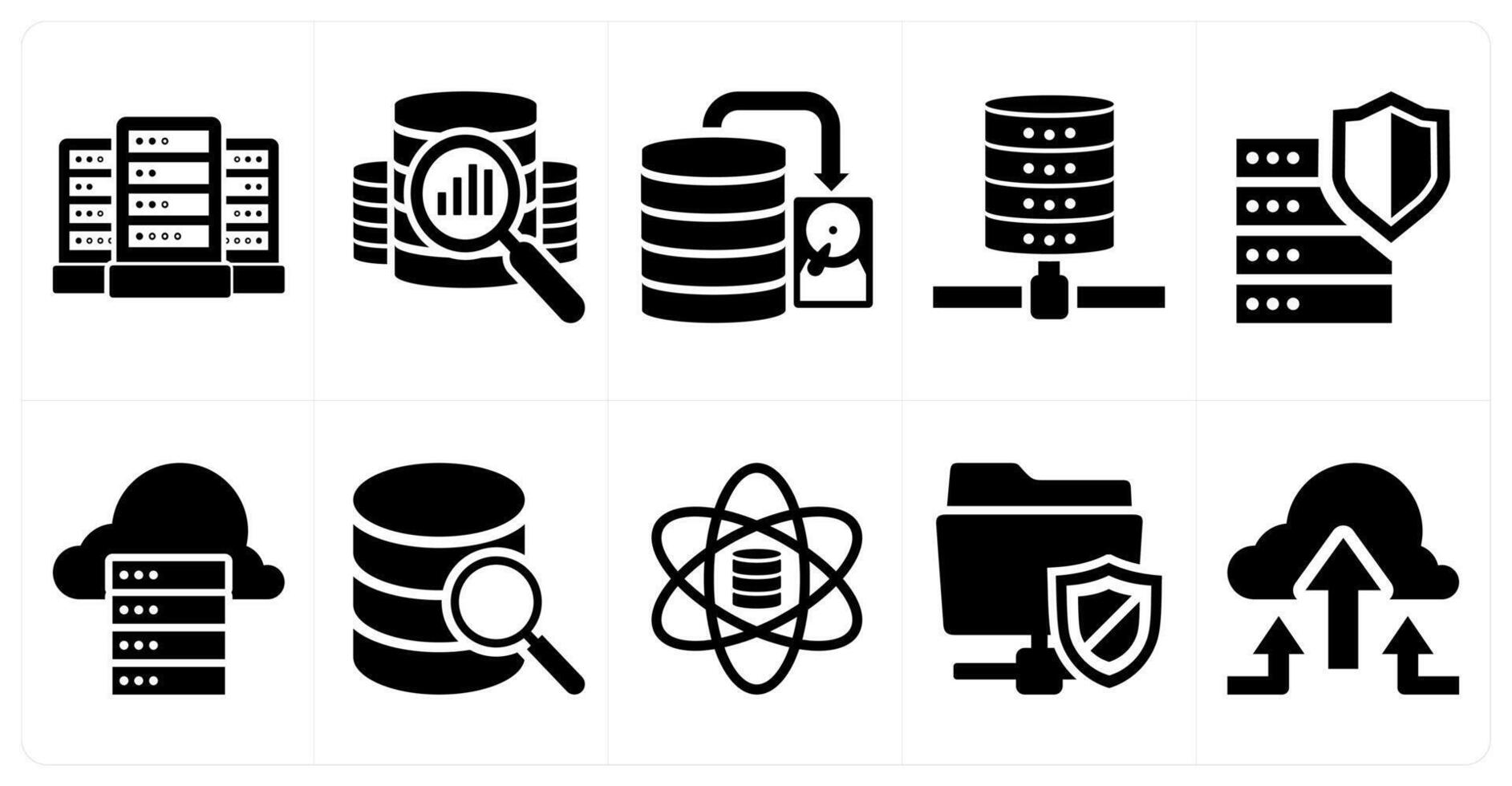 un conjunto de 10 mezcla íconos como base de datos servidor, base de datos evaluación, base de datos en negro color vector