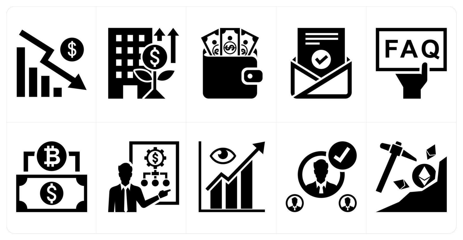 A set of 10 mix icons as falling economy, emerging growth company, fat wallet in black color vector