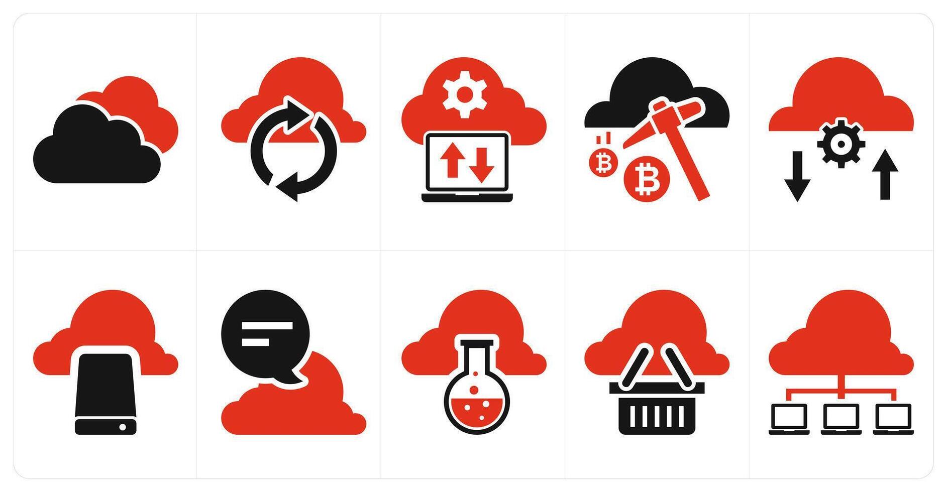 A set of 10 mix icons as cloud, cloud update, cloud computing, cloud mining in red color vector