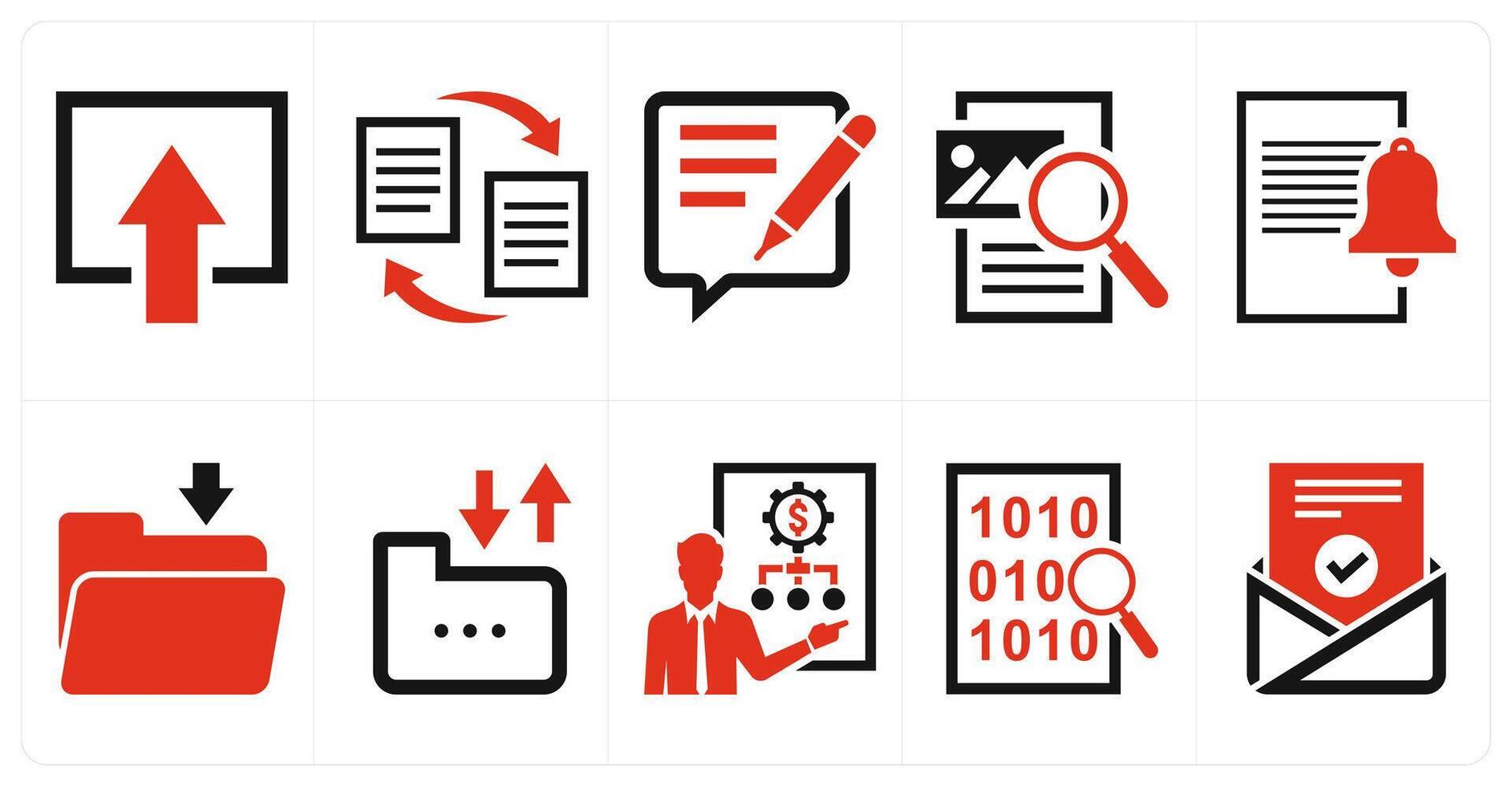 A set of 10 mix icons as file upload, file transfer, feedback writing in red color vector