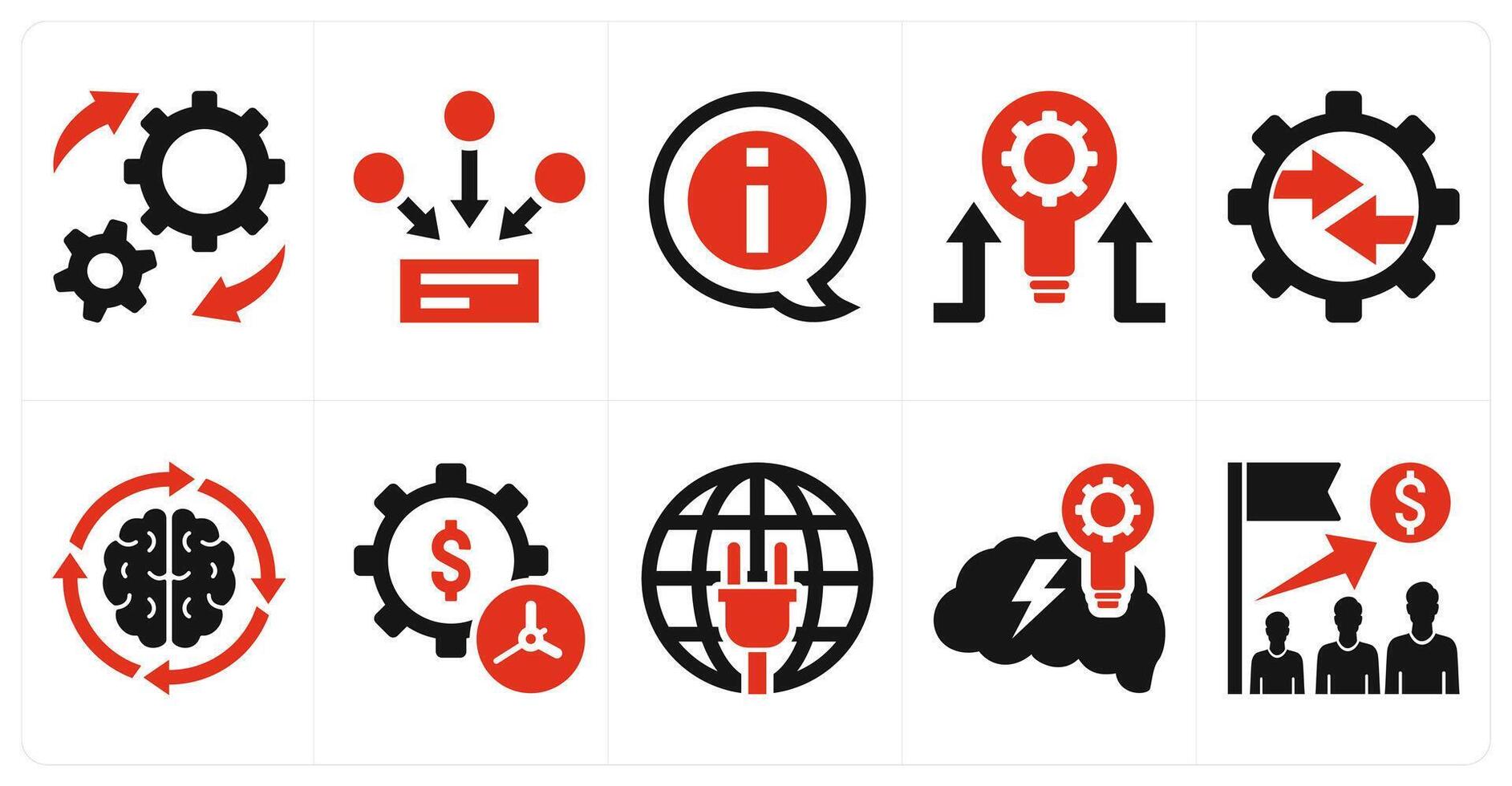 un conjunto de 10 mezcla íconos como implementación, información recursos, información en rojo color vector