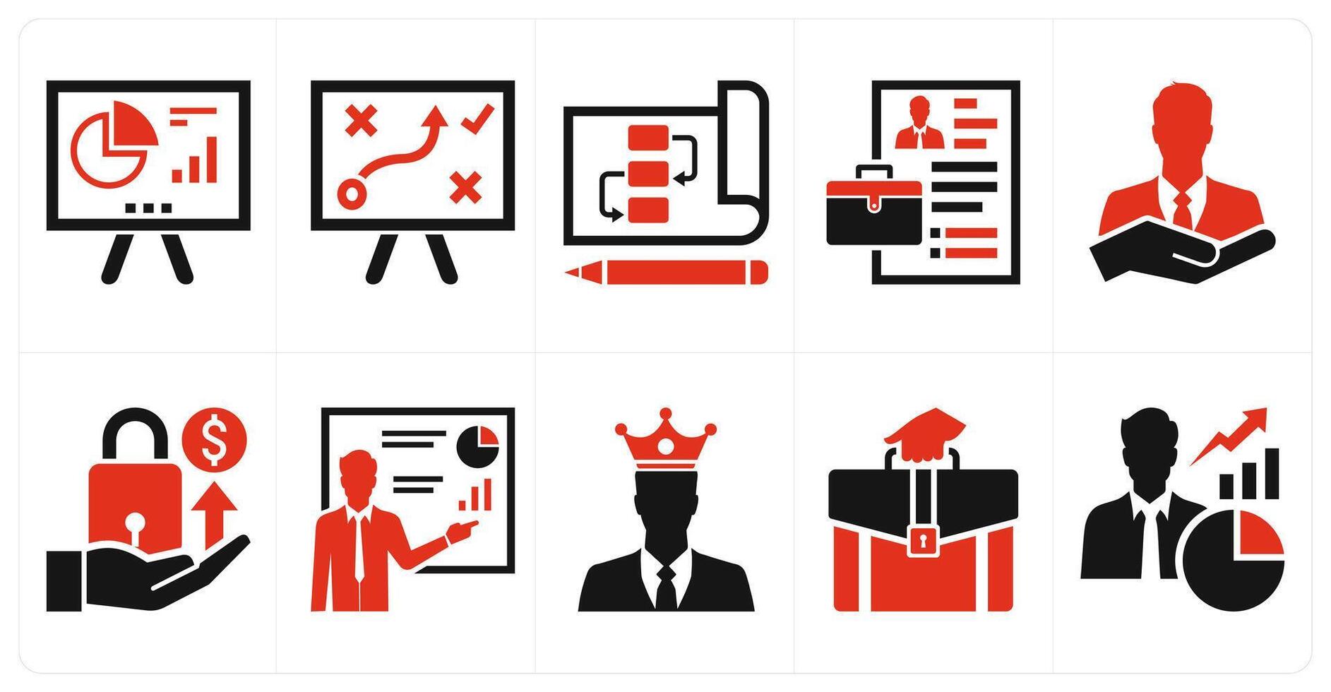 A set of 10 mix icons as presentation, problem solution, planning in red color vector