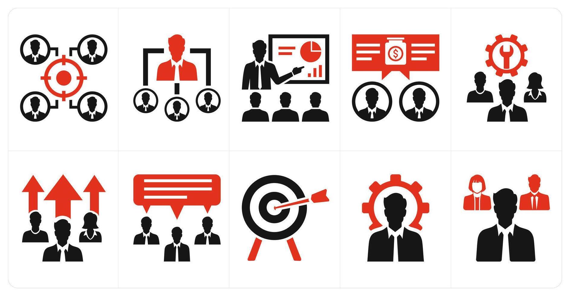 A set of 10 mix icons as teamwork, team leader, training seminar in red color vector
