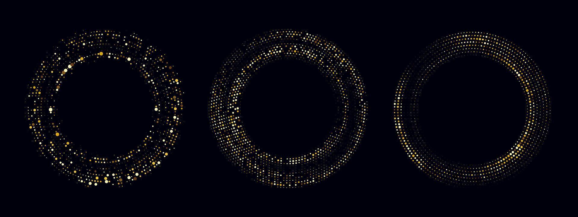 Golden halftone frames with abstract dot pattern and radial light design. Elegant background in gold tones with glitter elements and circular symmetry. vector