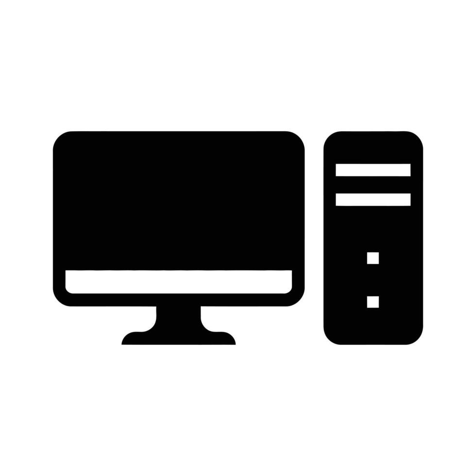 A simple black computer setup includes a monitor and tower on white background vector
