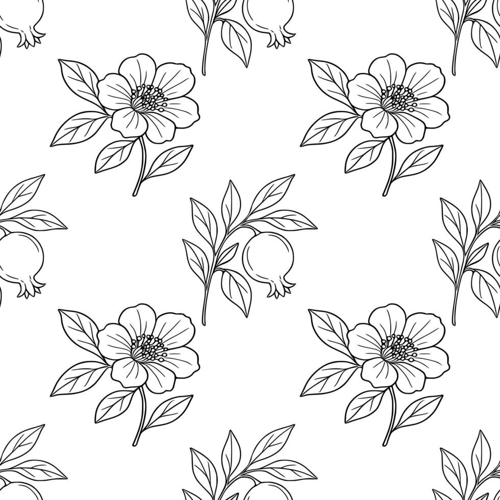 Seamless pattern with handdrawn line art illustrations of delicate flowers and pomegranate fruits, creating a sophisticated and elegant design perfect for various applications. vector