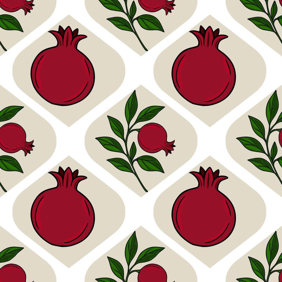 Seamless pattern of ripe pomegranates and leaves, arranged in a geometric design on a beige and white background, perfect for Rosh Hashanah or autumnal designs. vector