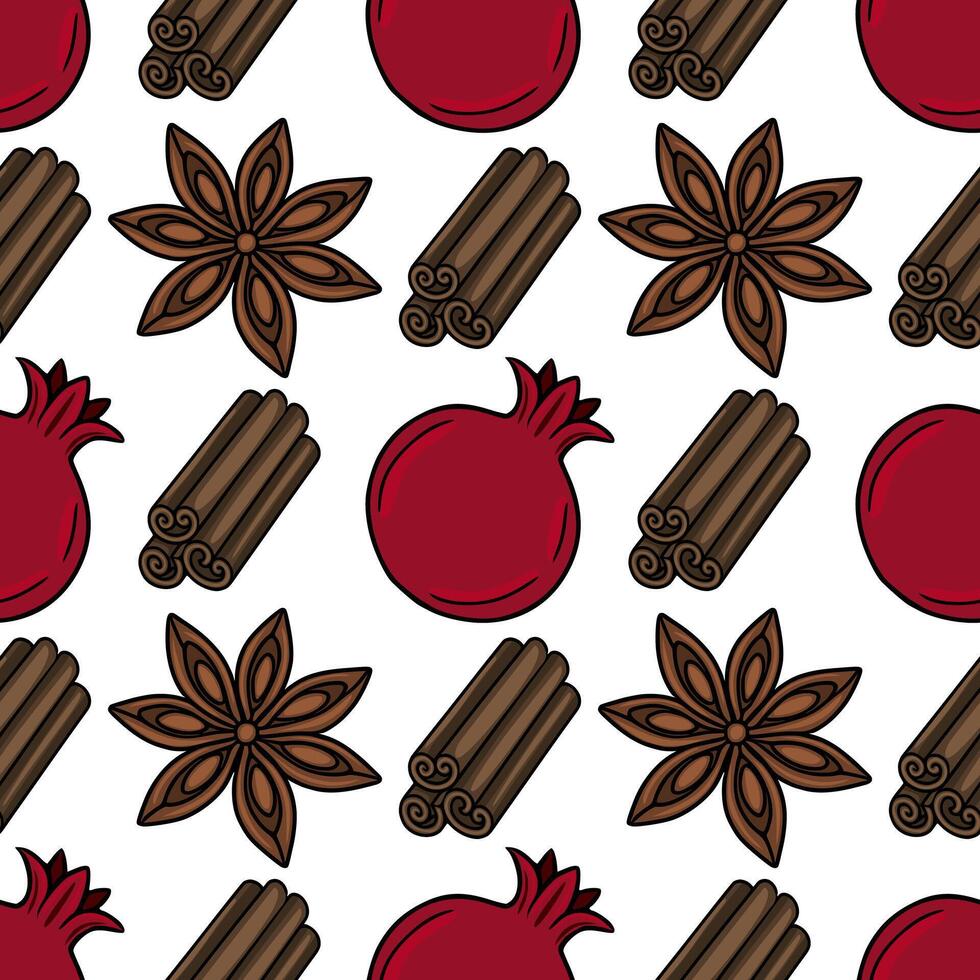 Seamless pattern with handdrawn illustrations of pomegranates, cinnamon sticks, and star anise, creating a festive and aromatic design perfect for Rosh Hashanah or winter holiday themes. vector