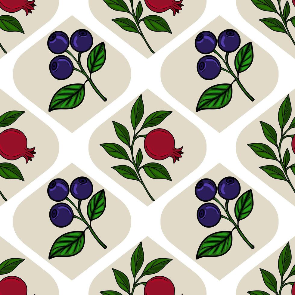 Seamless pattern with stylized pomegranates and blueberries on beige rhombus shapes, creating a unique and elegant design for textile or packaging. vector
