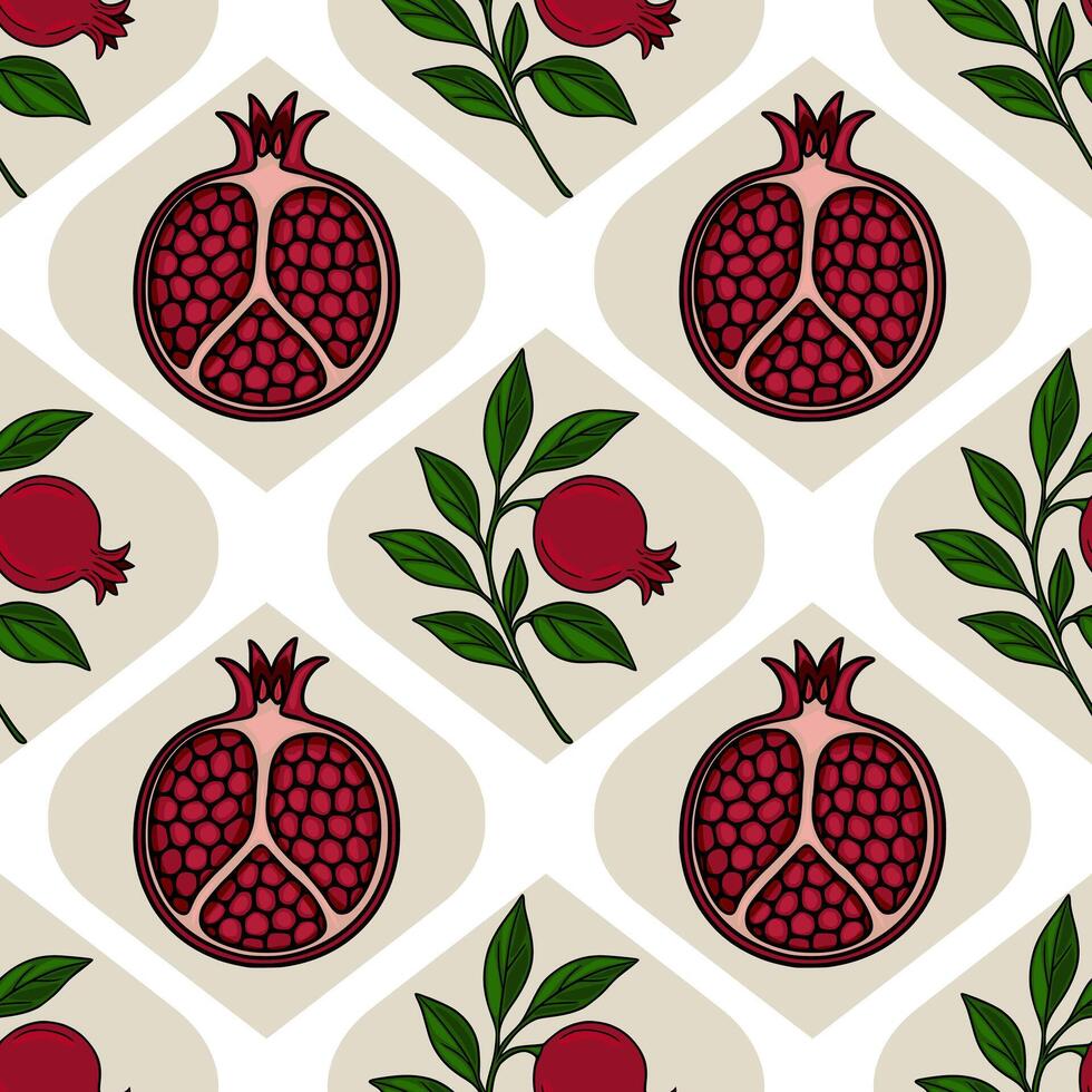 Seamless pattern of pomegranate halves and branches with leaves, arranged in a stylized geometric design on a beige and white background, ideal for Rosh Hashanah or autumnal designs. vector