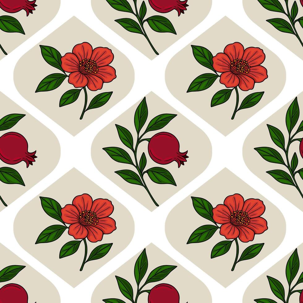 Seamless pattern of stylized pomegranate flowers and fruits in a repeating geometric design, featuring vibrant red and green hues on a beige background. vector