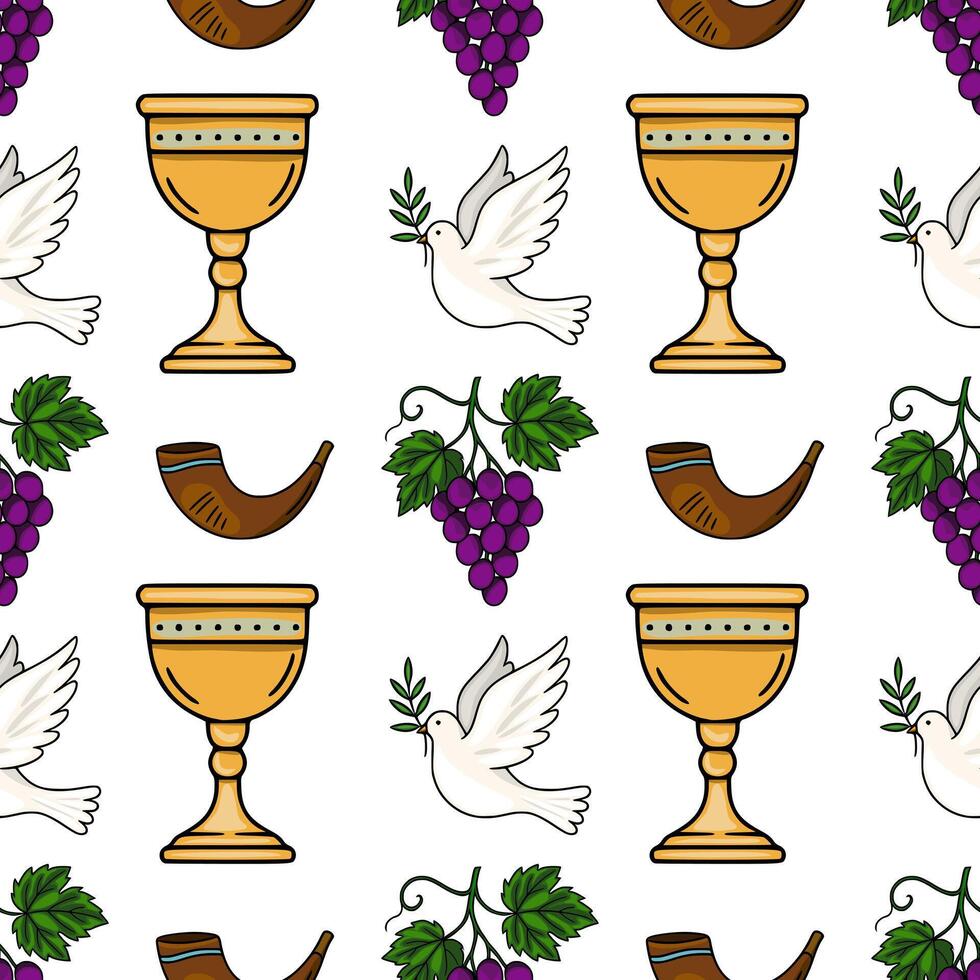 Seamless pattern featuring Rosh Hashanah symbols golden goblet, shofar, grapes, and a dove with an olive branch, creating a festive and celebratory design. vector