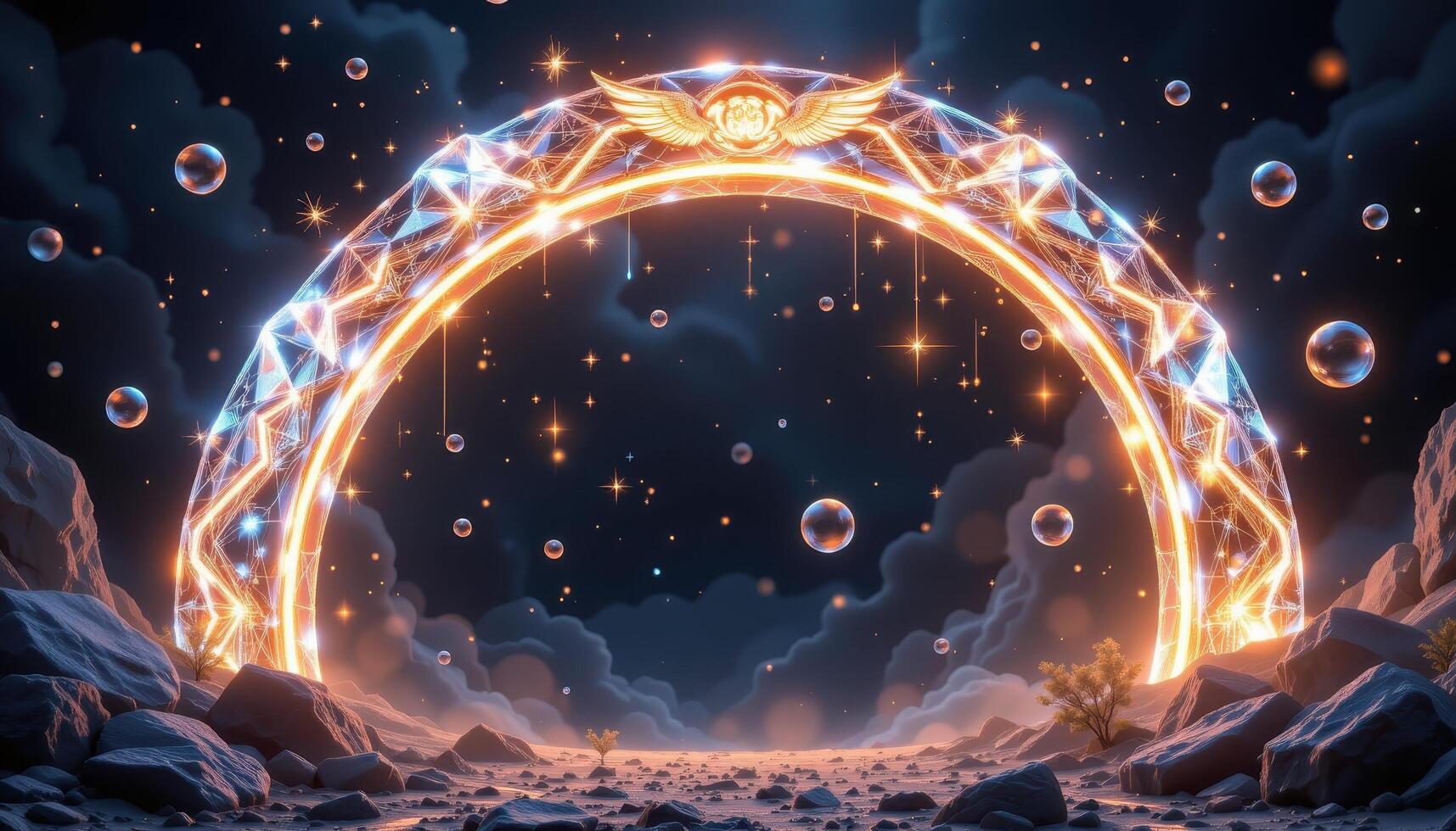 a glowing crystal arch decorated with floating orbs of light and shimmering geometric patterns suspended in midair. photo