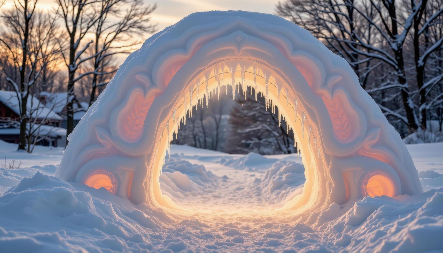 a snowy arch made of sculpted ice, lit from within and decorated with frost patterns and hanging crystals. photo