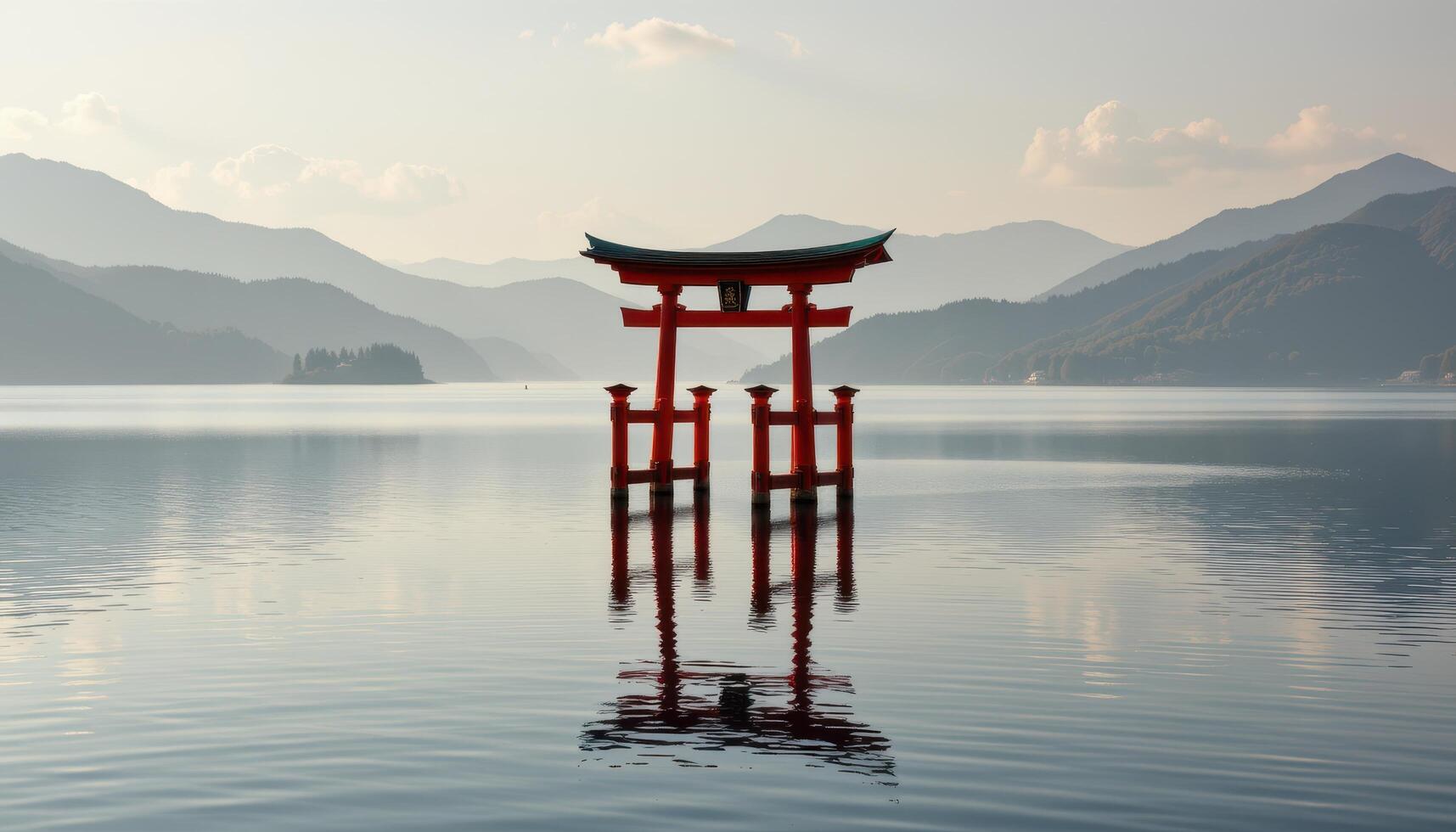 a red torii gate standing isolated in the middle of a calm lake, its reflection rippling in the water below. photo