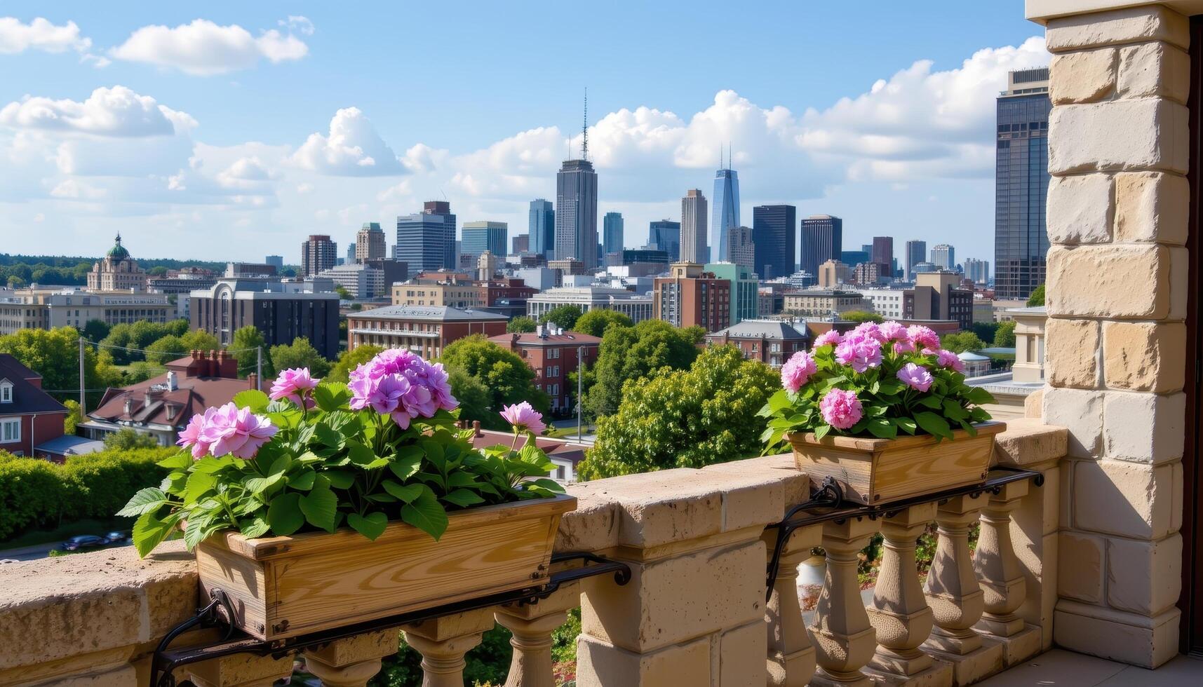 stone balcony railing overlooking a city skyline, decorated with symmetric rail planters of hydrangeas and moss. photo
