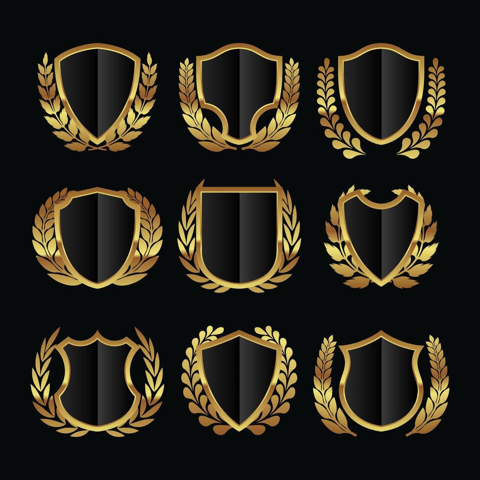 Set of Luxury Golden Shields Badge Label Set Collection with Laurel Wreath Leaves Icon Label Design. Concept of Secure Protection Badge. Realistic Web Security and Guarding System Badge. vector