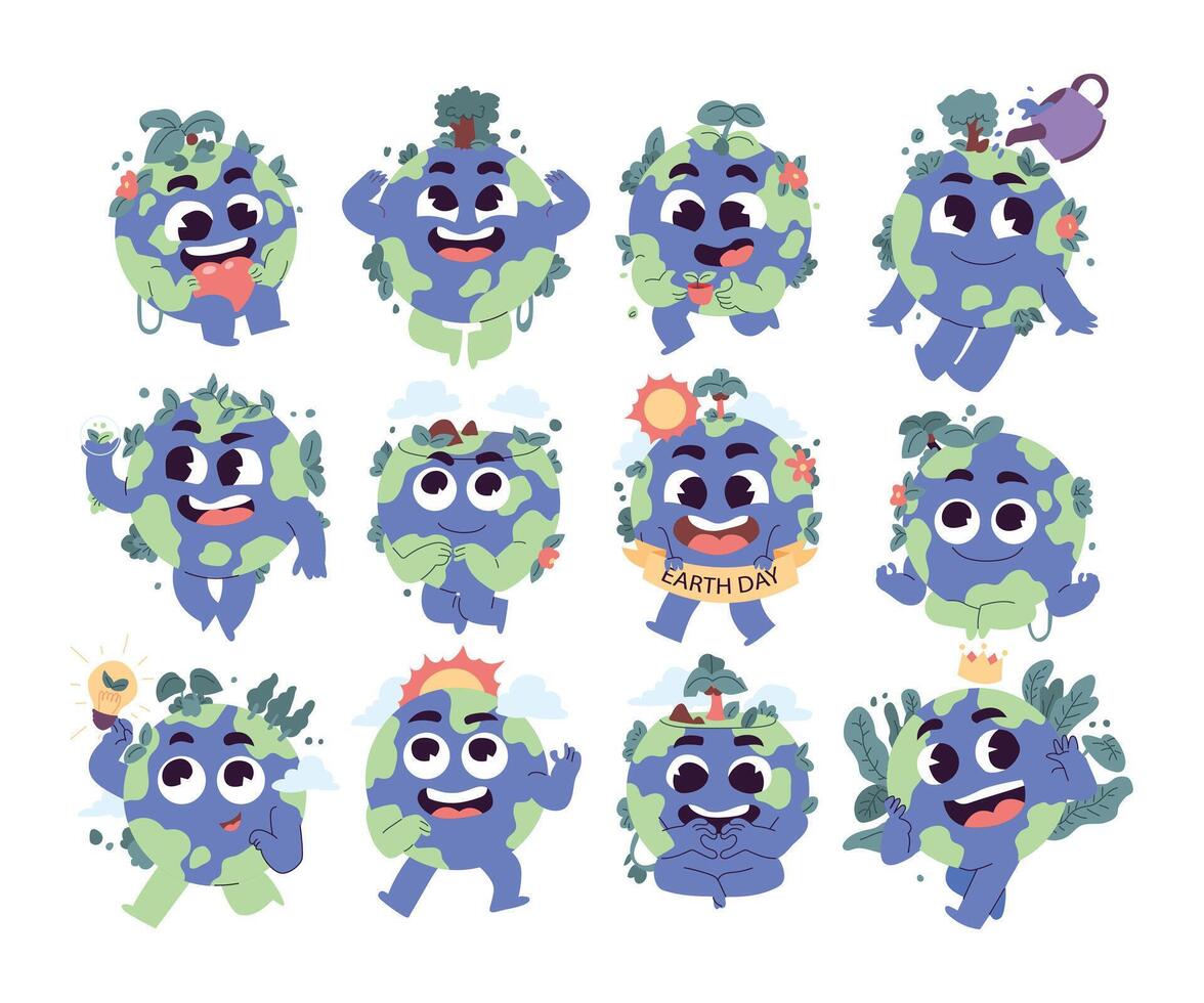 Set of World Earth Day with Cute Globe Earth Cartoon Character Avatar Collection with Various Gesture. Object Element Flat Illustration Concept. Global Environment Concept. Global Warming. vector