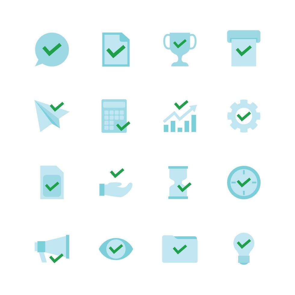 Set of Approval Check Mark icon set collection with thin line outline. The icons set Approval sign, approve symbol. Labeled bubble, note, trophy, airplane, calculator, hand, speaker, clock, time,lamp vector