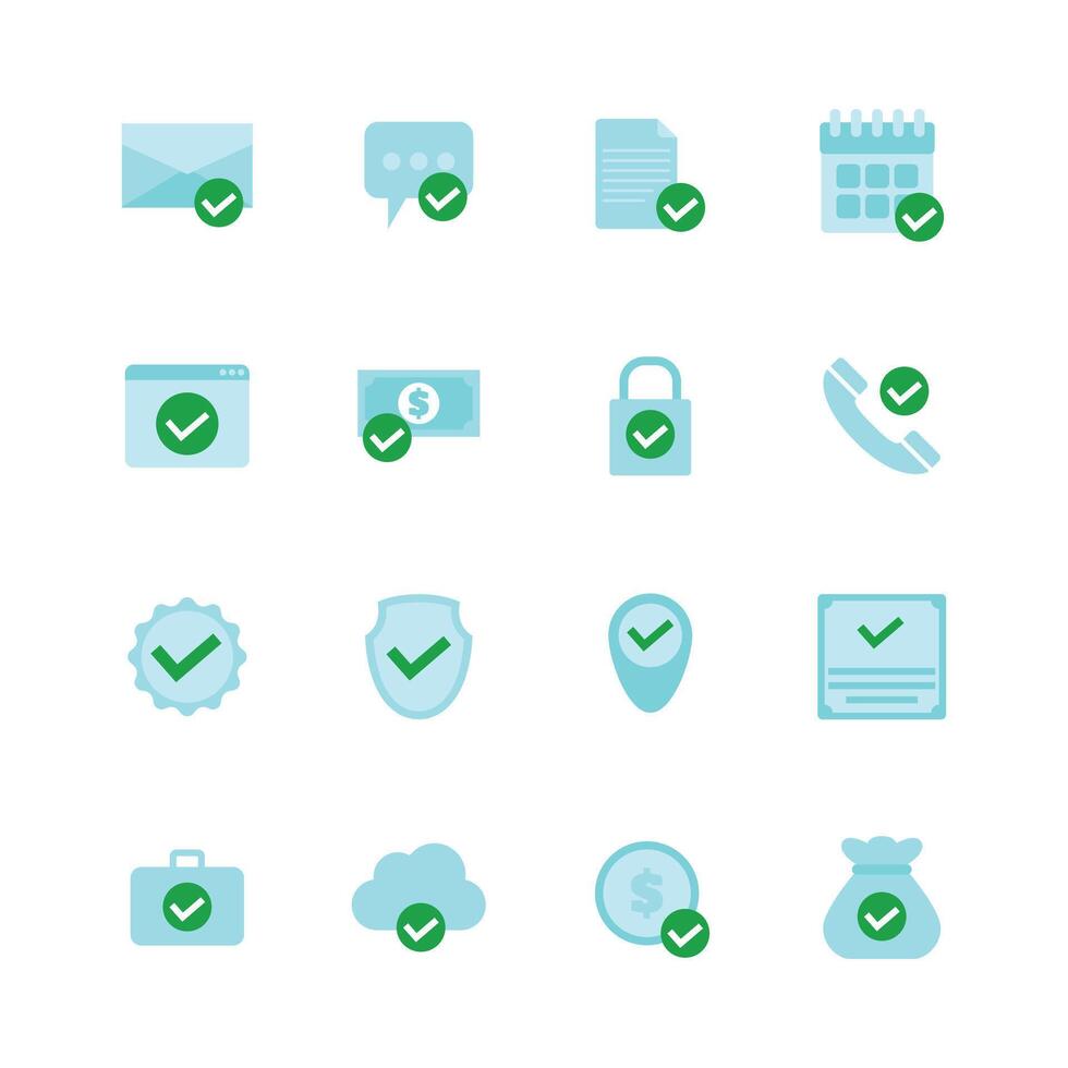 Set of Approval Check Mark icon set collection with thin line outline. The icons set Approval sign, approve symbol. Labeled envelope, bubble, pin point, call, lock, calendar, money, coin, badge, note. vector