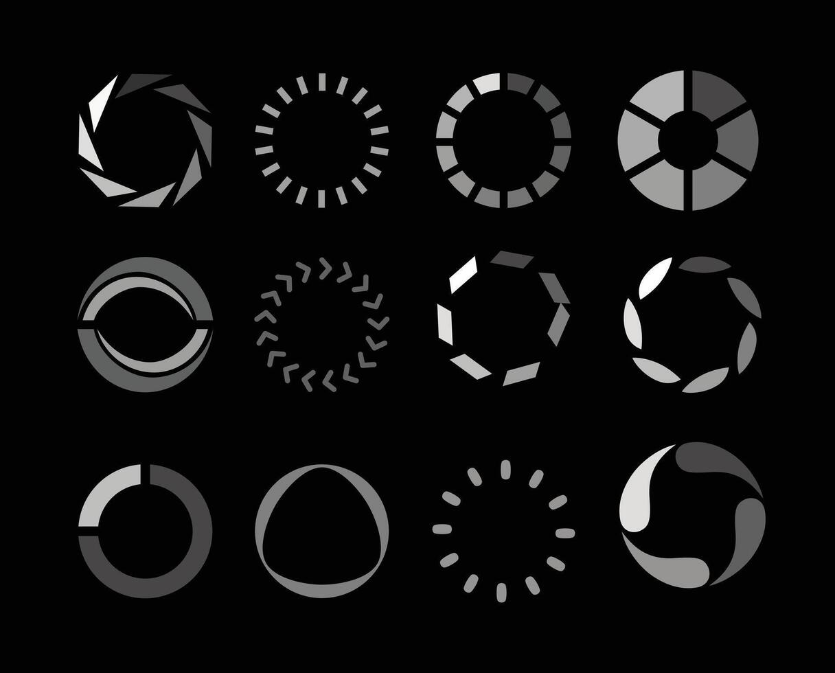 Set of Isolated loading icons collection on black background, load bar icons in a row, Buffer loader or preloaded. Download or Upload. Collection of simple web download vector