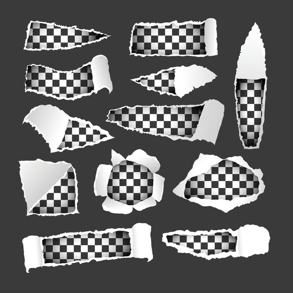 Set of Torn Paper Edges Set Collection. Blank Transparent White Ripped Paper Strips. Realistic Scraps with Ripped Edges. Sticky Notes, Shreds of Notebook Pages Set. vector