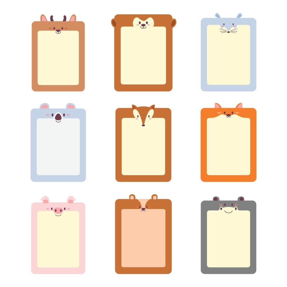 Set of Cute Animal Head Cartoon. Empty Text Box Banner. Wildlife Avatar Emoji with deer, rhino, bear, pig, fox, koala, rat, monkey Collection. Fauna Flat Style Icon Illustration vector