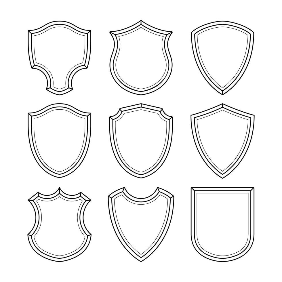 Set of Shields Badge Label Line Art Set Collection, Shield icon Outline, Laurel Wreath Leaves Icon Label Design. Concept of Secure Protection Badge. Realistic Web Security and Guarding System Badge. vector