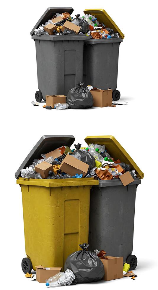 Two trash cans with garbage and other items photo