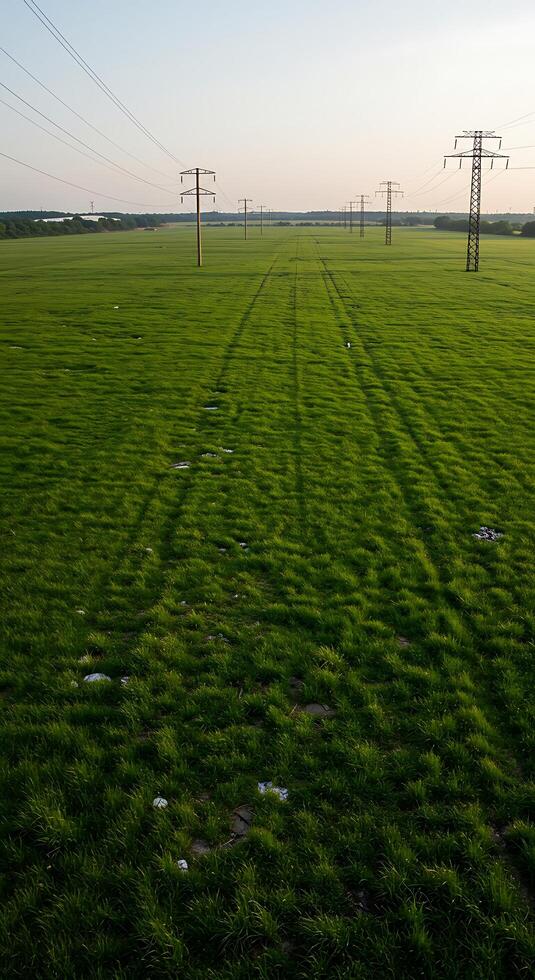 A field with a large grassy area and power lines photo